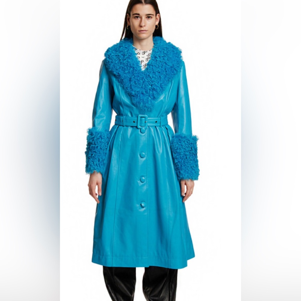 Saks Potts Vibrant Blue Shearling Trench Coat with Real  Fur